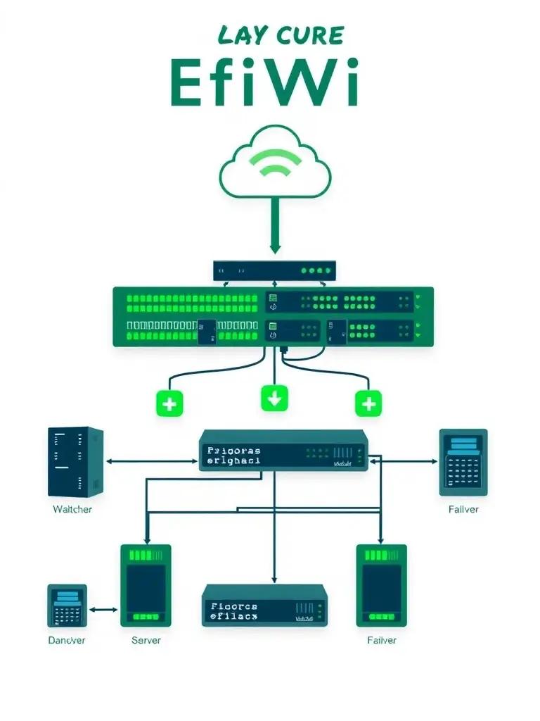 Diagram of EfiWifi's core network topology, showcasing the interconnected routers, switches, and servers that form the backbone of the network. The diagram should highlight the redundancy and failover mechanisms in place to ensure high availability.