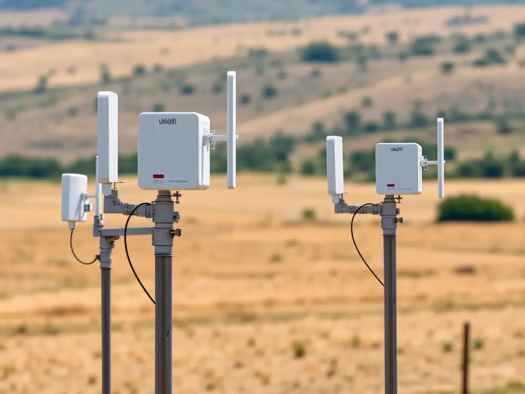 An image of Ubiquiti airMAX devices providing long-range wireless broadband connectivity in a rural environment, highlighting their performance and reliability.