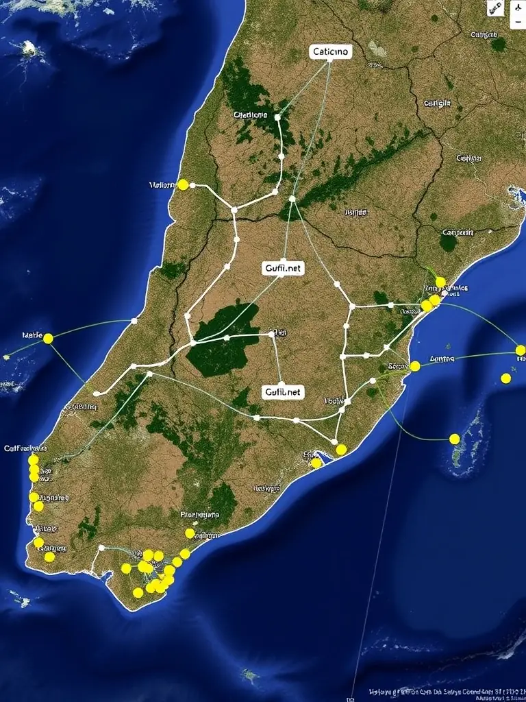 A high-resolution photograph of the Guifi.net network map, showcasing the interconnected nodes and extensive coverage across Catalonia, Spain. The map should be overlaid on a satellite image of the region, highlighting the network's reach.