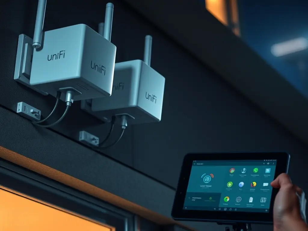 A photograph of Ubiquiti UniFi access points deployed in a community setting, showcasing their ease of management and scalability.