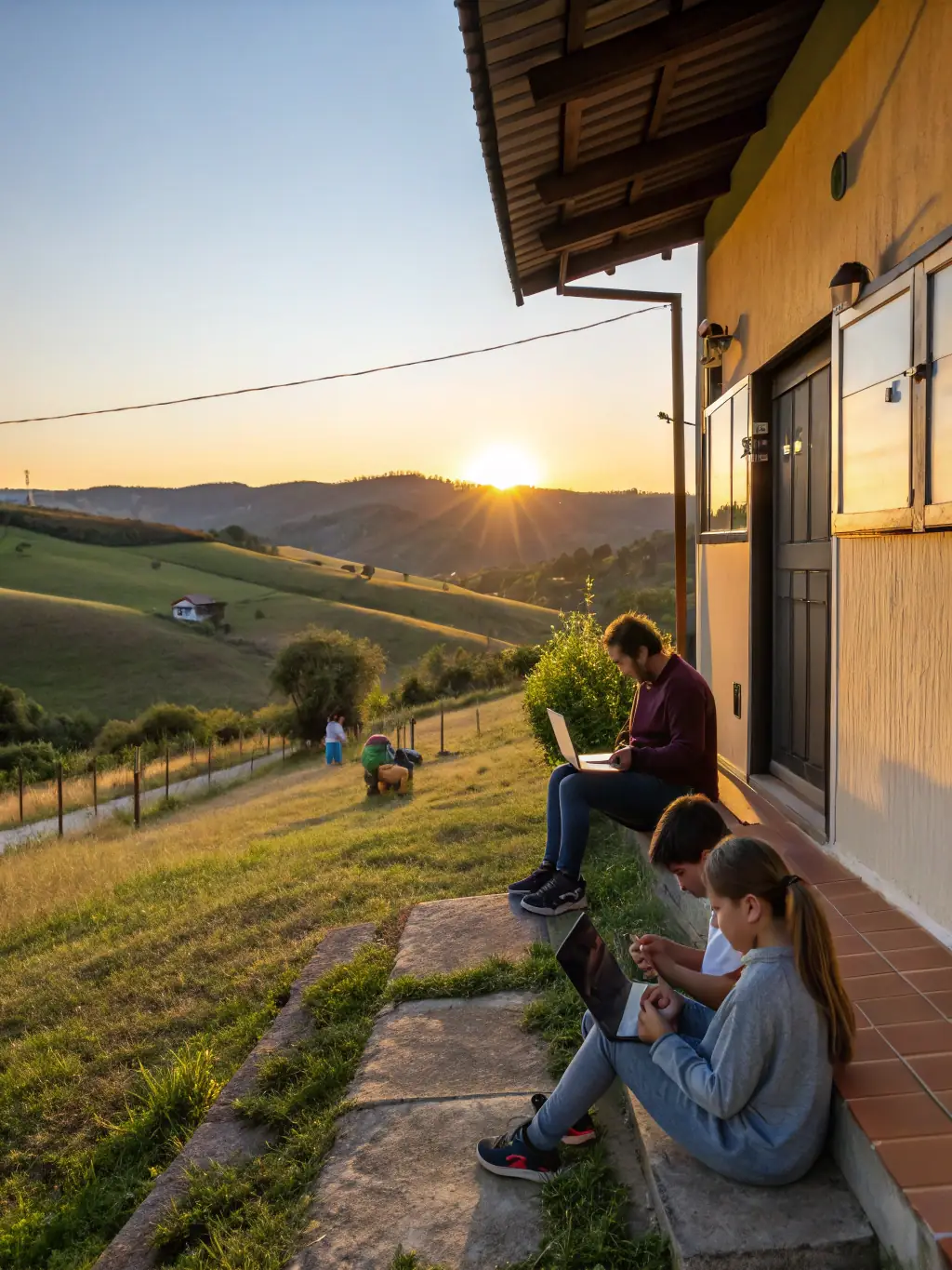 A photograph of Zenzeleni's solar-powered base station in a rural South African community, with local residents using smartphones connected to the network. The image should convey the impact of affordable internet access.